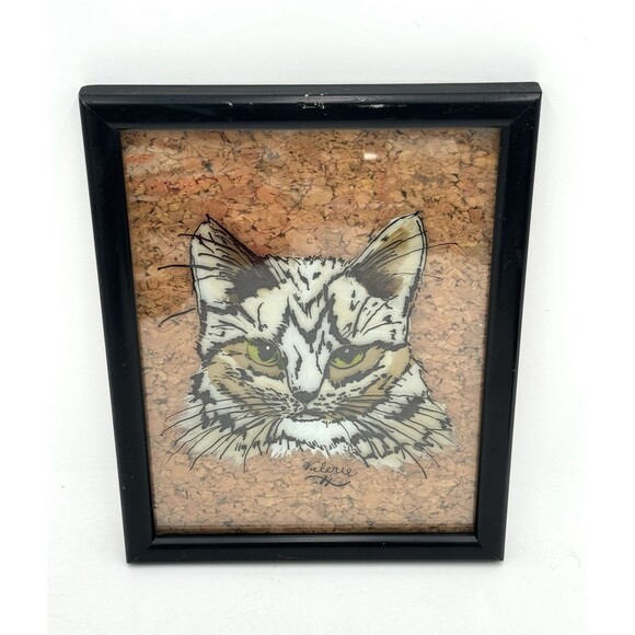 Vintage Reverse Painted Cat on Glass Framed with Cork Backing Singed Valerie - Picture 4 of 7